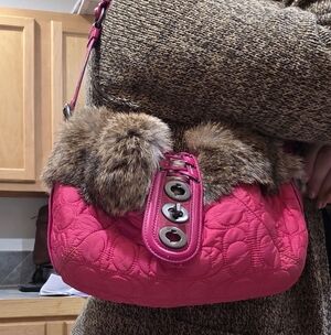 Rare Coach Vintage Y2K Quilted Shoulder Bag with Fur Braided Strap and flap